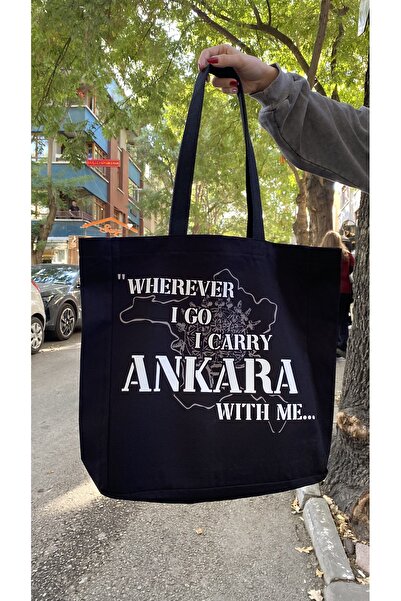 Ankara Tişörtleri Bez çanta- wherever I go I cary Ankara with me Kanvas Siyah Bez Çanta
