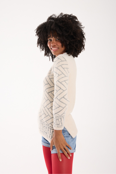 Moda Days Tricotaj pentru femei Ecru Simli Sakal Y cu fantă B guler rotund