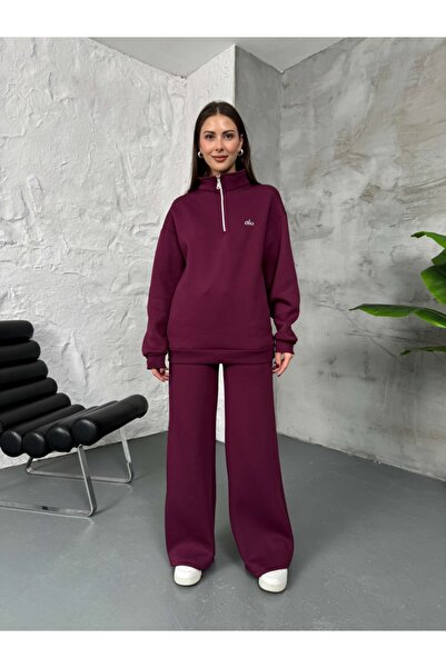 Elif Özbey Butik Σετ φούτερ με μισό φερμουάρ σε μπορντό χρώμα