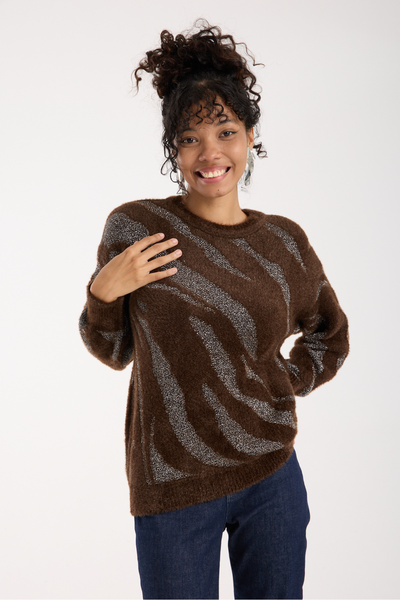 Moda Days Women's Bitter Brown Glitter Beard Yarn Balloon Sleeve Crew Neck Knit Sweater