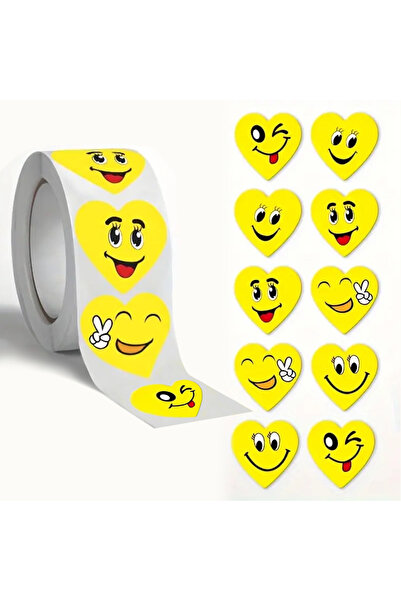 hdcw 500 ADET 2,5 cm SEVİMLİ KALP FİGÜRLERİ TASARIMLI YAPIŞKANLI RULO STICKER ETİKET HEDİYE PAKETLEME