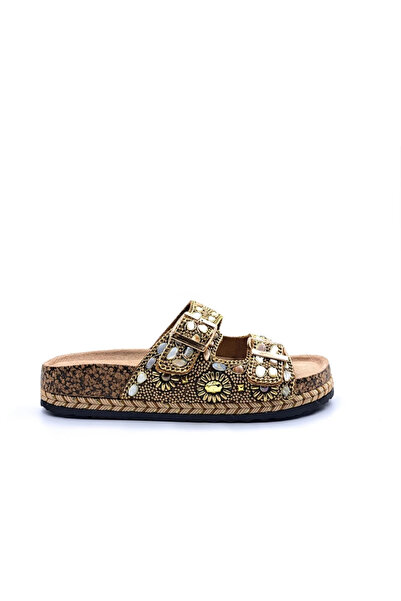 Guja 25Y183-1 Double Buckle Stone Women's Slippers Gold