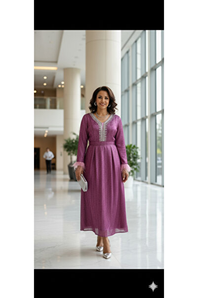 Robes Tüylü Kol Simli Kumaş Kemerli Büyük Beden Abiye-817