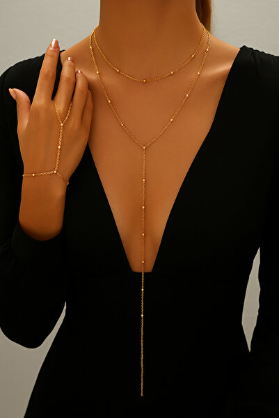 MEKKANMODA 2 Li set Şık Topçuk Detaylı Şahmeran Ve Y Kolye Seti Kararmaz