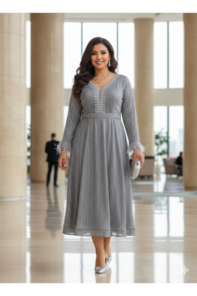 Robes Tüylü Kol Simli Kumaş Kemerli Büyük Beden Midi Abiye +Elbise