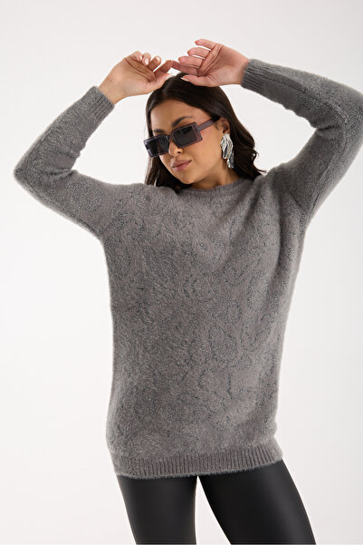 Moda Days Women's Gray Glittery Beard Yarn Side Slit Crew Neck Knitwear Sweater