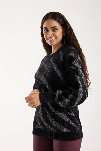 Moda Days Pulover de tricotat B guler rotund pentru femei, negru, cu mâneci balon, cu fire de barbă, cu sclipici