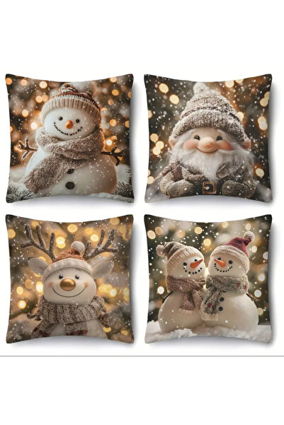 CN 4-Piece Christmas Set Pillowcase, Santa Claus, Snowman, Elk Realistic Background, 45.72 * 45.72 cm