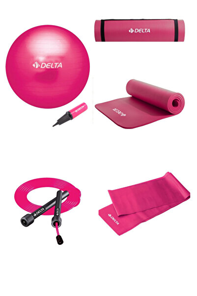 Delta Fuşya Full Pilates Seti (55cm Top Top Pompası)10MM Mat Atlama İpi ve Orta Direnç Lastik