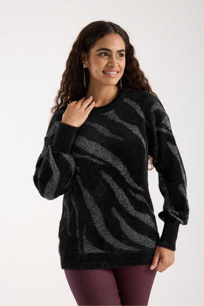 Moda Days Pulover de tricotat B guler rotund pentru femei, negru, cu mâneci balon, cu fire de barbă, cu sclipici
