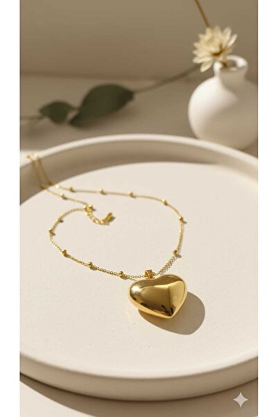 H&C STYLİNG Altın Renk Top Zincir Büyük Kalp Vip Solmaz Kararmaz Çelik Kolye