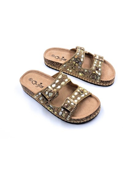 Guja 25Y183-1 Double Buckle Stone Women's Slippers Gold