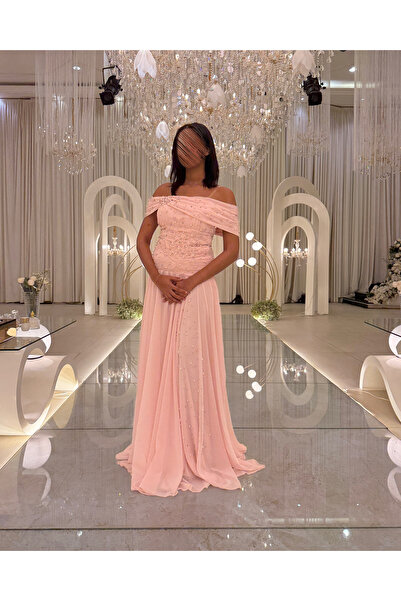 Generic Light pink off-shoulder crystal-embroidered evening dress with a flowing chiffon skirt