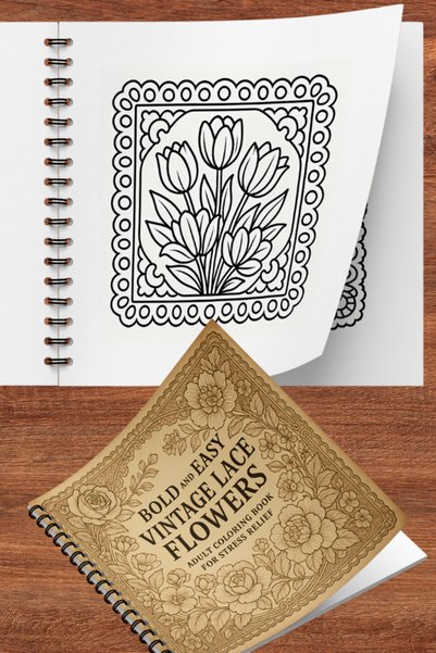 Pink Swan Craft Vintage Lace and Flowers Bold and Easy 20X20 cm Large Coloring Book Kids Adults
