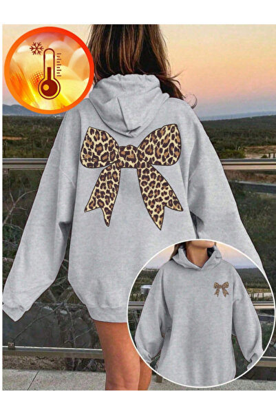 Trend Sizde Unisex Gray Leopard Ribbon Printed Hooded Sweatshirt