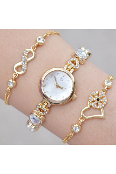 COLESİUM Gold Taşlı Metal Kordon Kadın Saat Kombini 3606