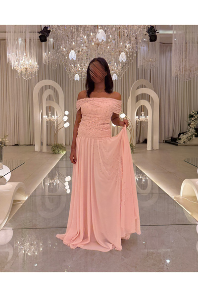 Generic Light pink off-shoulder crystal-embroidered evening dress with a flowing chiffon skirt