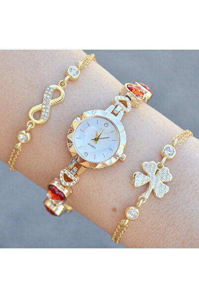 COLESİUM Gold Taşlı Metal Kordon Kadın Saat Kombini 3610