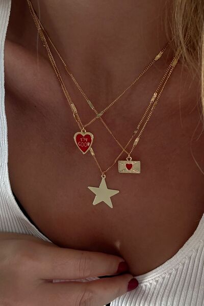 Trendy Butik Kırmızı Kalp, mektup ve Yıldız Model Üçlü Kolye Kombini