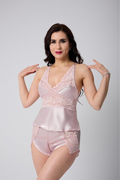 Viselya cu broderie din dantelă Set pantaloni scurți din satin