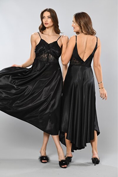 Viselya Sırt Dekolteli Dantelli Saten Siyah Uzun Gecelik