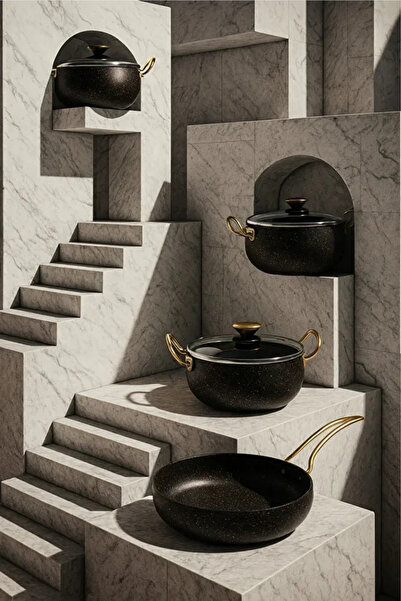 BUTİK1AVM 7 Piece Granada Granite Pot and Pan Set – 20 cm 2.5L, 24 cm 4.5L, 26 cm Oblate 3L, 26 cm Pan