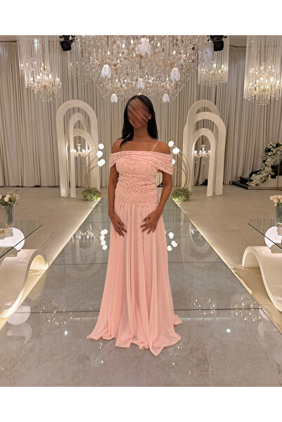 Generic Light pink off-shoulder crystal-embroidered evening dress with a flowing chiffon skirt