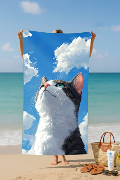 BETHA Cat Watching the Sky Patterned Cotton Beach Towel – Patterned Design – 75X150 cm