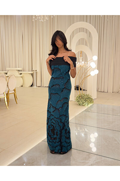 Generic Emerald blue sequin embroidered evening dress with black off-shoulder bodice