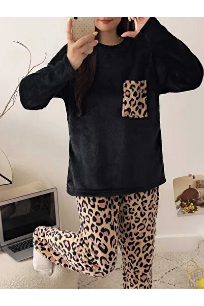 Es Sport Women's Plush Bottom Top Tracksuit Set, Leopard Print, with Pockets