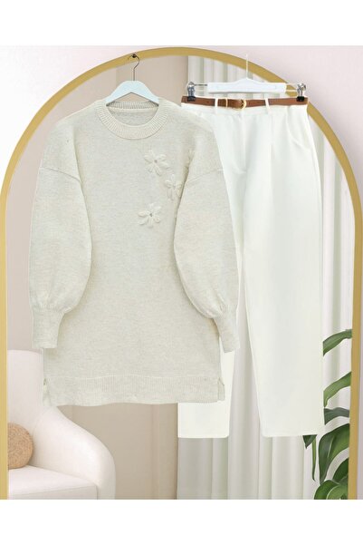 Modamorfo Floral Patterned Stoned Soft Knit Sweater - Ecru