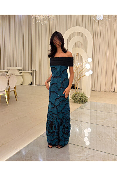 Generic Emerald blue sequin embroidered evening dress with black off-shoulder bodice