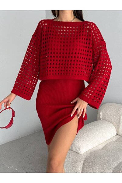 Deridün Yıldız Shoes Women's Hole Sweater Strap Dress Knitwear Fabric Double Set