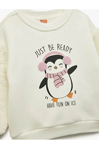 Koton Penguin Printed Crew Neck Cotton Ecru Baby Girl Sweatshirt 6Wmg10020Ak