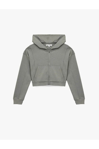 Koton Zippered Hooded Crop Gray Women's Sweatshirt 6Wal10483Ik