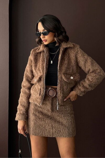 VELZANA Suni Kürk Görünümlü Mini Etek - Açık Kahve