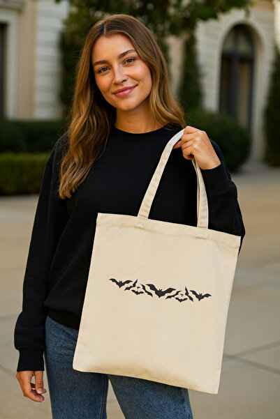 SHOPIENS Geanta tote brodata Halloween model Bats bej