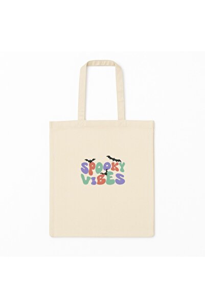 SHOPIENS Geanta tote brodata Halloween model Spooky Vibes bej