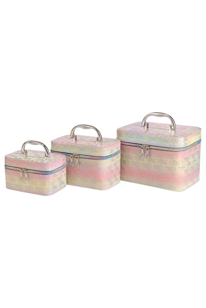 OEM Set of 3 Holographic Cosmetic Boxes with Mirror, Pink Interior, Premium D...