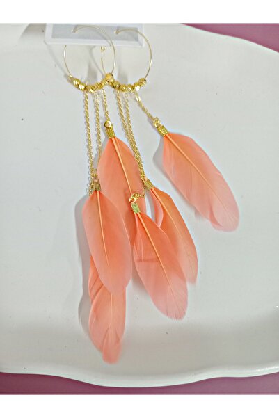 mos&more Salmon Color Feather Light Long Women's Earrings