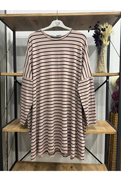 ÖZNE BUTİK Plus Size Women's 100% Cotton Oversized Crew Neck Striped Tunic