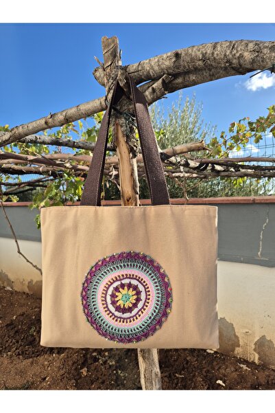 Handream Brown Duck Fabric Bag with Beaded (Lilac) Mandala Detail