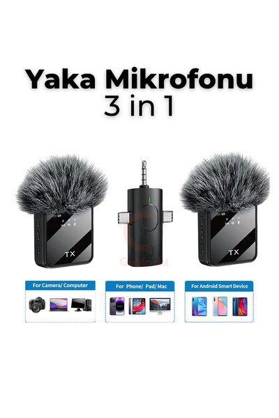 GoMarkt F11-2 Type-C + Lightning + Aux 2li 3in1 Kablosuz Yaka Mikrofonu