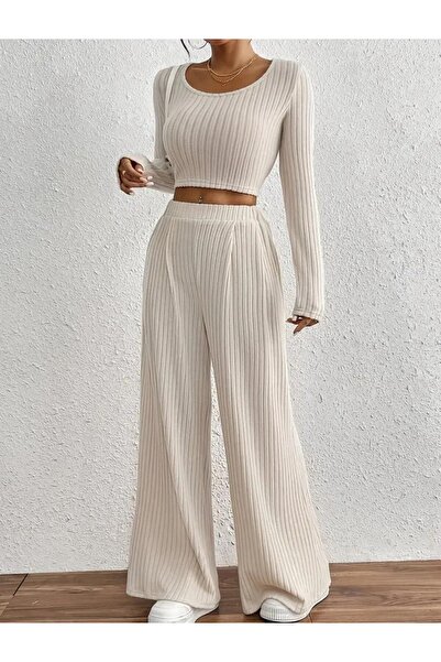 Moda Monisa Long Sleeve Crop Blouse and Wide Leg Pants Two Piece Women's Set ...
