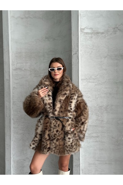 Style Leopar desenli kürk mont