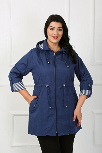 By Alba Collection Kadın İndigo Çizgili Astarlı Büyük Beden Trençkot