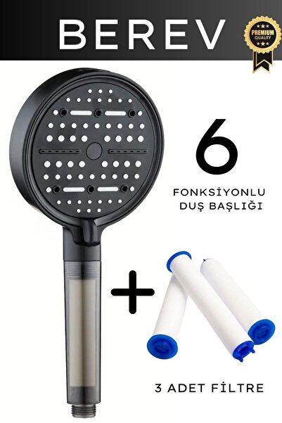 Berev 6 Fonksiyonlu Filtreli Duş Başlığı 3 Adet Yedek Filtre Su Tasarruflu Ba...