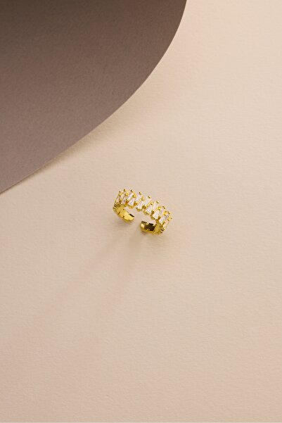 Nereze 925 Ayar Gümüş Ayarlanabilir Gold Kaplama Baget Taşlı Desenli Yüzük