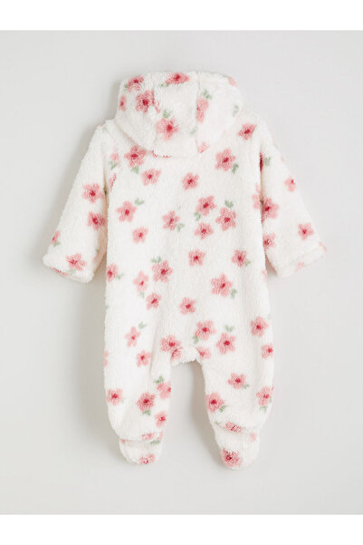LC Waikiki Ecru Hooded Floral Plush Baby Girl Romper