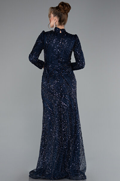 Abiyefon Lacivert Uzun Kol Boncuklu Büyük Beden Tesettür Abiye ABU4994